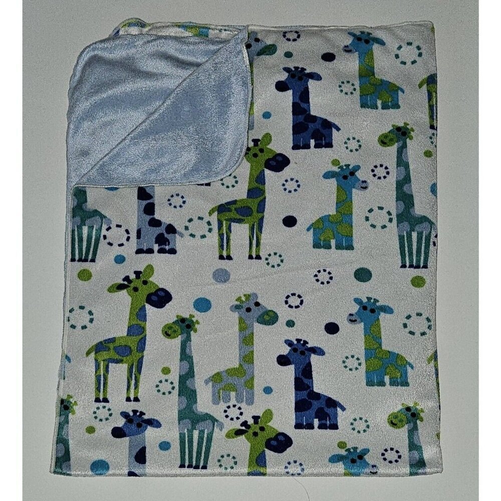RUNT 1478 Blue Green Giraffe Baby Blanket Fleece Soft Reversible Dots Circles